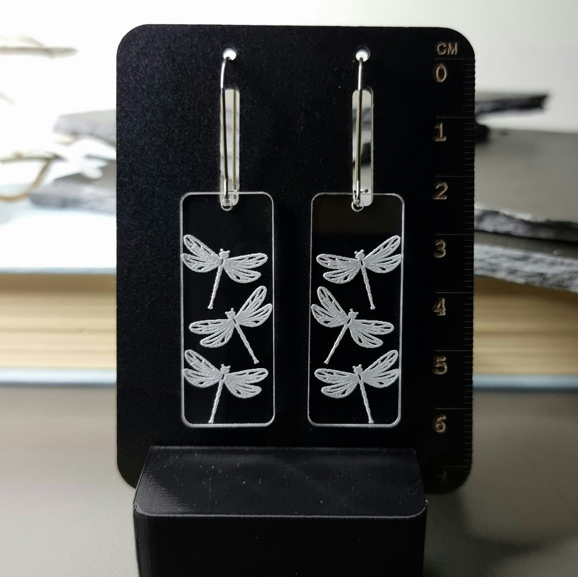 Dragonfly Rectangle Engraved Earrings with Measure Chart